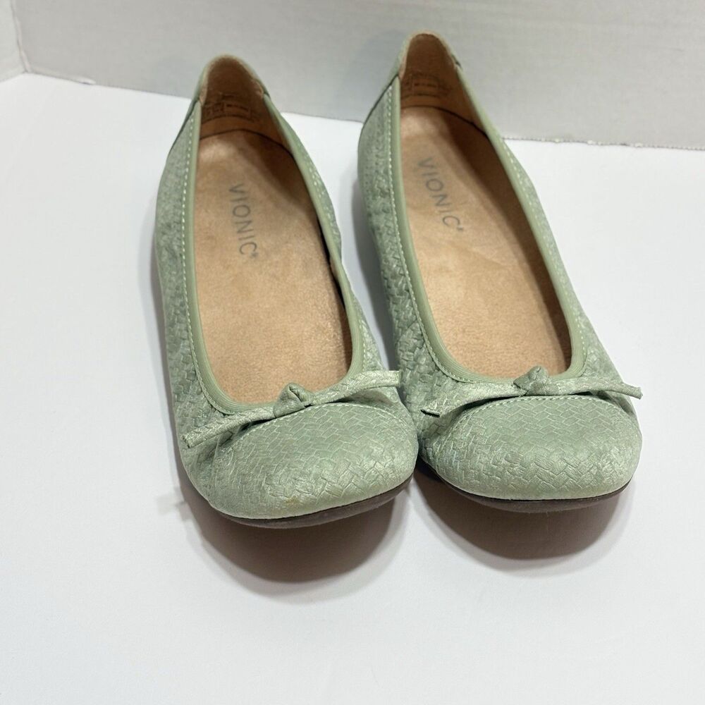 Vionic Amorie Women’s US 7 Velvet Sage Leather Orthotic Slip-On Bow Ballet Flat